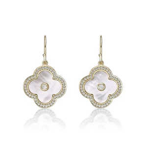Yellow Gold Plated 925 Sterling Silver Flower Drop Earrings With Mother of Pearl - Picture 1 of 9