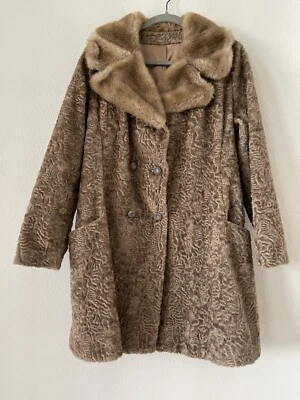 VINTAGE Faux Fur Coat Aleutian Beige Button Jacket Union Made USA M 1960s - Image 1 of 4