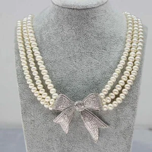 3 strand 6-7mm white freshwater pearl Necklace CZ - Picture 1 of 7