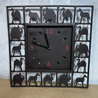 Vtg Square Wall Clock Black Metal Shadow Silhouette Safari Animal Camel Elephant - Image 1 of 4