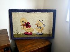 Vintage Signed Dated 1963 Folk Art Hooked Rug on the Board 2 Baby Ducklings 2x3