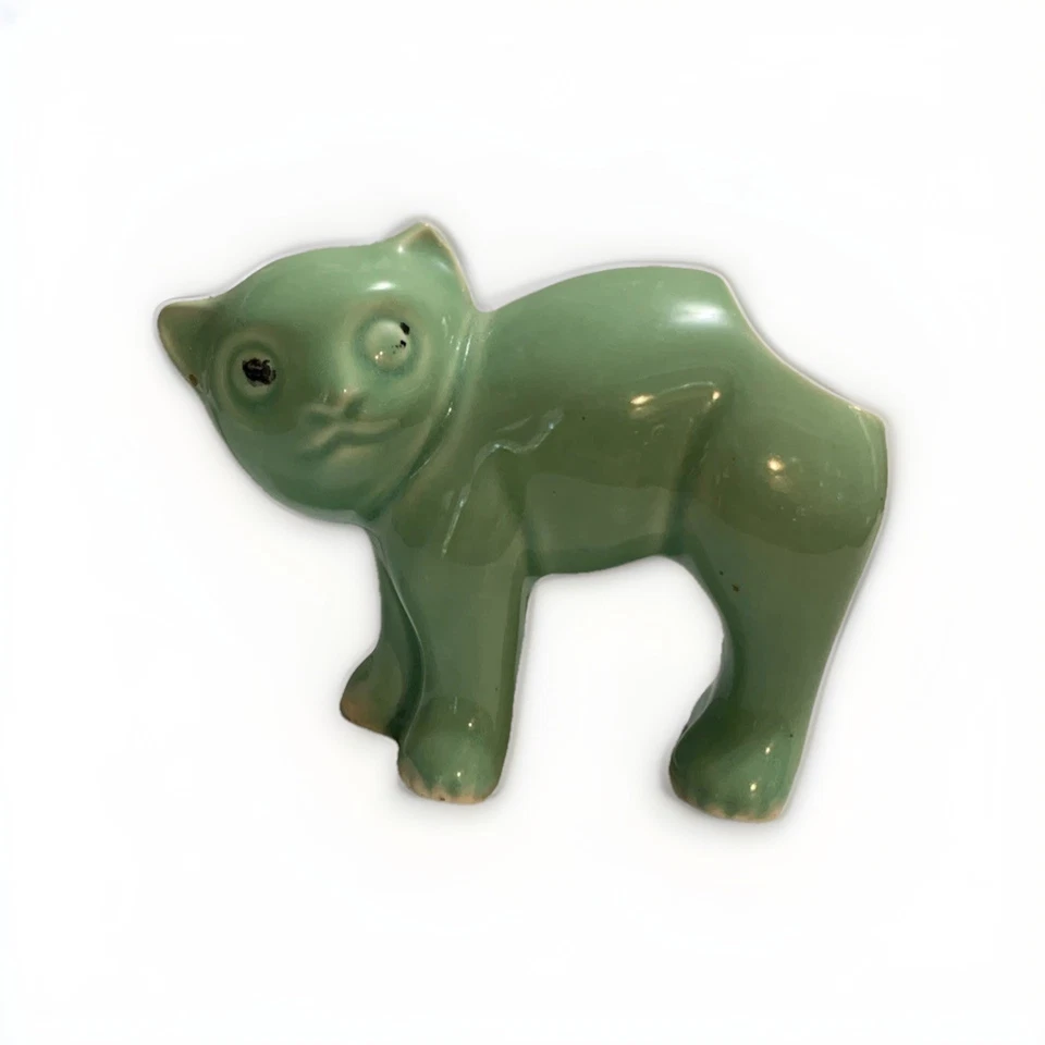 Vtg MCM McCoy Cat Planter Figurine Green Art Pottery.  See Descrip Notes Glow - Image 1 of 4