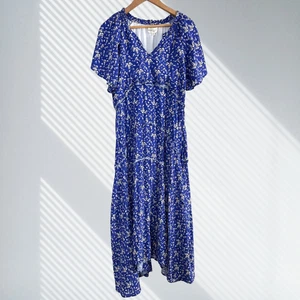 brass & rowe kleid damen xl blau geblümt kurzarm stufen midi boho cottageco - Bild 1 von 5