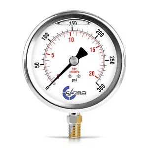 4" Pressure Gauge, Stainless Steel Case, Liquid Filled, Lower Mnt 300 PSI - Picture 1 of 6