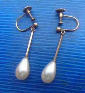 Vintage 9ct Yellow Gold & Pearl Drop Dangly Earrings c.1940/50s Screw Backs - Picture 1 of 6