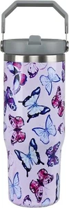 30oz Butterfly Tumbler Cup with Handle and Flip Straw Floral Water Bottle - Picture 1 of 7