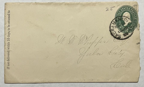 1888 YUBA CITY BACKSTAMPED CANCEL ON SACRAMENTO CALIFORNIA COVER Cover