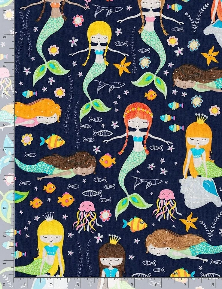 Nautical Fabric - Mermaid Fish Jellyfish Scene Navy - Timeless Treasures YARD - Image 1 of 1