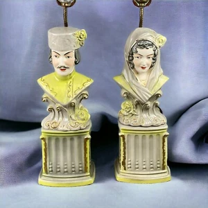 Vintage Pair of Lamps Green and Grey Male and Female Busts - Picture 1 of 15