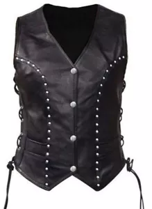 Women Bikers Style Waistcoat Real Black Leather Vest with Garment BUST 48" - Picture 1 of 4