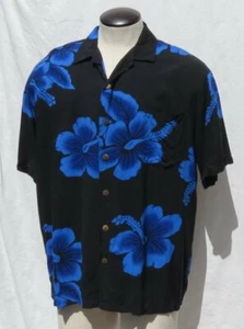 ALOHA HUT Men’s Black Blue Hibiscus Floral Print Rayon S/S Hawaiian Shirt US L - Picture 1 of 7
