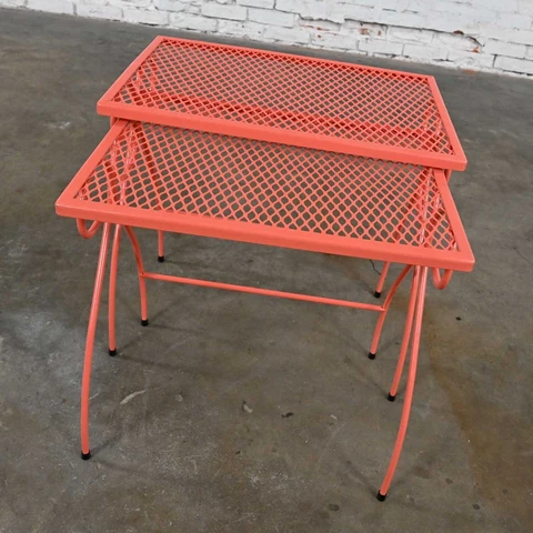 Pr MCM Coral Painted Outdoor Nesting Side Tables Metal Wire & Expanded Metal Top Cover