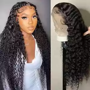Deep Wave Lace Front Wigs Human Hair 13x4 HD Transparent Lace Frontal Curly 20in - Picture 1 of 7