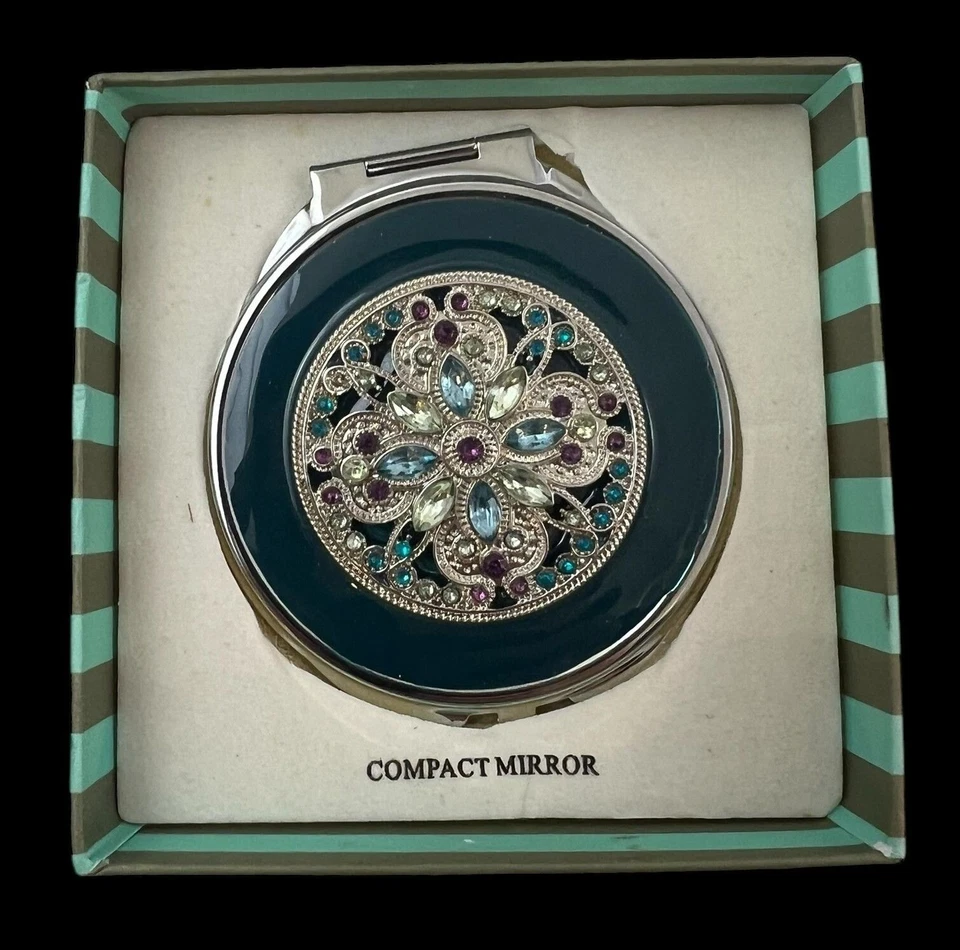 Spring Street Jeweled Rhinestone Mirror Compact Large Silver Tone - Image 1 of 4