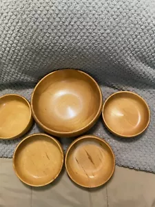 Mid Century Modern Teak Wood Salad Bowl Set Of 5 Hand Crafted Thailand ! - Picture 1 of 10