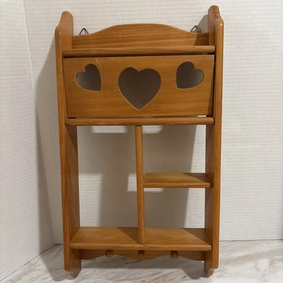 Vintage Farmhouse Wooden Heart Wall  Cubby Shelf W/ Pegs Cottage Knickknacks - Image 1 of 4
