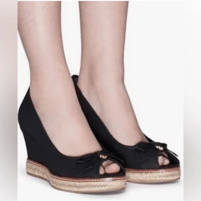 Tory Burch Jackie Peep-Toe Alpargata Cuña Zapatos en Negro Talla 6,5 Foto 1 de 4