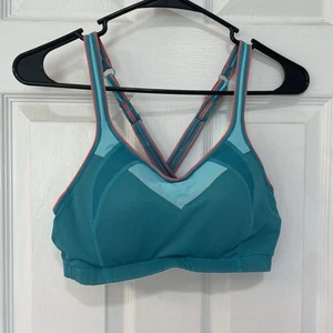 Moving Comfort Sports Bra 300481 Womens 36C Teal Pink Impact Support Cross Back - Picture 1 of 7