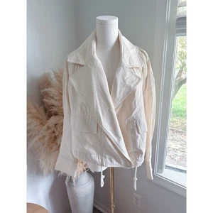Few Moda Cotton Cropped Moto Jacket Lightweight Shacket Medium Ivory Cream - Picture 1 of 10