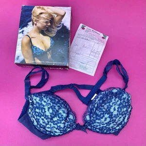 VINTAGE 70s Unworn Boxed Blue Floral Lace Gossard Wonderbra Padded Push Up 32 A - Picture 1 of 12