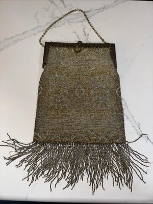 Antique 1920s Art Deco Gold Silver Handmade Micro Beaded Fringe Flapper Purse - Image 1 of 4