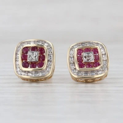 0.84ctw Ruby Diamond Halo Stud Earrings 10k Yellow Gold Studs - Image 1 of 4