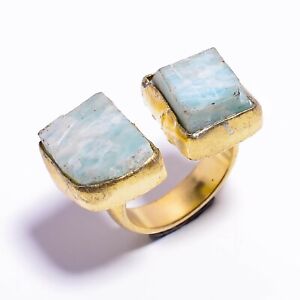 Gold Plated Brass Adjustable Ring, Raw Amazonite Gemstone Handmade Jewelry BR32