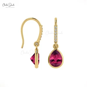 8x6mm Natural Pink Tourmaline Earrings Diamond Dangle Earrings in 14k Solid Gold - Picture 1 of 22
