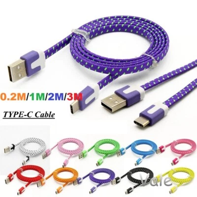 0.2M 1M 2M 3M Strong Flat Fabric Braided USB-C USB Sync Data Cable UK - Image 1 of 3