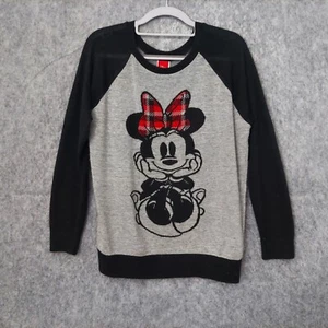 Disney Girl Sweater XL Minnie Mouse Holiday Color Block Pullover Knit Plaid Gray - Picture 1 of 9
