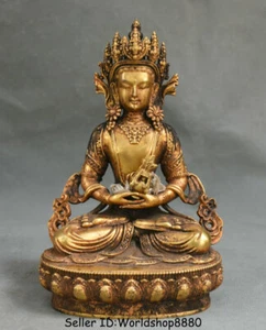 9"Old Tibet Purple Bronze 24K Gold Gilt Amitayus longevity God Goddess Sculpture - Picture 1 of 12