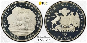 Chile 1968 10 Pesos Proof PCGS PF68 Dcam Top Pop Liberation Fleet - Picture 1 of 4