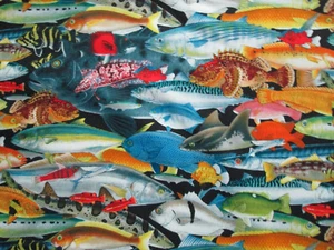 TROPICAL OCEAN FISH SHARK STACKED VARIETY SPECIES COTTON FABRIC FQ - Picture 1 of 5