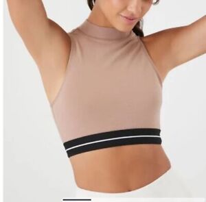 FOREVER 21 Sports Bra Womens Small Striped Mock Neck Crop Top NEW Ash Brown