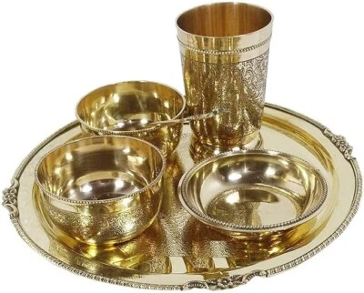 Brass Floral Thali Set Luxury Spoon Restaurant Ware/Home/Hotel (Golden) 6 Pieces - Image 1 of 4