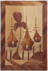 Incrustación de arte popular nativo polinesio panel de madera koa paisaje marino, barcos palmera, océano - Imagen 1 de 4