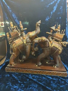 VTG Thai Wooden Sculpture of Joust Elephants Battle, 16" T., 18" W Rare Collect - Picture 1 of 9