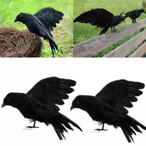2 Pcs Realistic Crows Halloween Decoration Birds Black Feathered Crows Prop - Picture 1 of 14