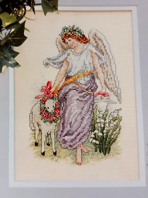 Cross Stitch Pattern ANGEL with LAMB Flower Wreath Springtime Theme Lillies - Image 1 of 4