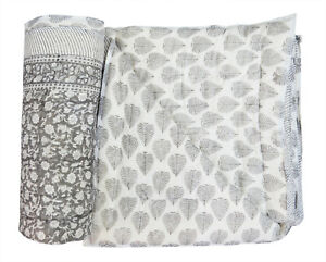 Indian Reversible Winter Cotton Quilt Blanket Ethnic Hand Block Print Coverlet