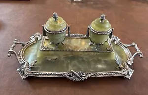 Mid 19th Century Napoleon III Silvered Brass Mounted Onyx Double Inkwell - Picture 1 of 9
