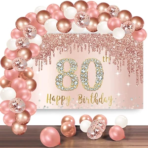 Happy 80Th Birthday Banner Backdrop Decorations with Confetti Balloon Garland Ar - Picture 1 of 12