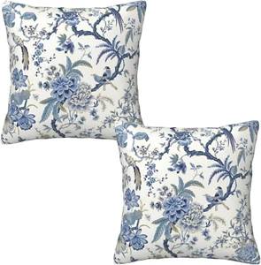 Chinoiserie Blue and White Pillow Covers 18X18 Set of 2, Bird and Flowers Throw - Picture 1 of 12