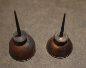 2 - Vintage Thumb Pump Oiler Oil Can - steel - 3 1/2" & 4” Tall, 1 7/8" Diam. - Picture 1 of 3