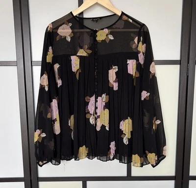 Massimo Dutti Lightweight Floral Blouse Black Top Womens 10 Office Femenine*FLAW - Image 1 of 4