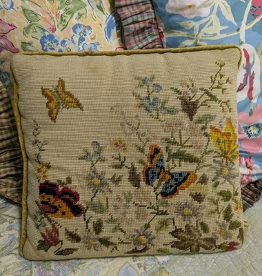 Vintage Handmade Multicolor Butterfly Floral Needles Throw Pillow - Image 1 of 4