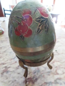 Vtg Enameled Cloisonne Egg Trinket Box W Stand Solid Brass Fruit Leaves - Picture 1 of 5