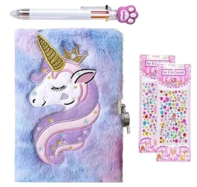 Diario Unicornio con Accesorios Cerradura y Llaves Pluma y Piedras Preciosas Pegatinas Foto 1 de 4