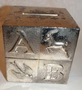 Silverplate Coin Bank Baby Room Alphabet/Numbers Block ABCD Gorham 3" Cube - Picture 1 of 6