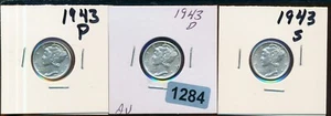 MERCURY SILVER DIME - 1943 P-D-S AU SET (3) - #1284 WW11 - Picture 1 of 2